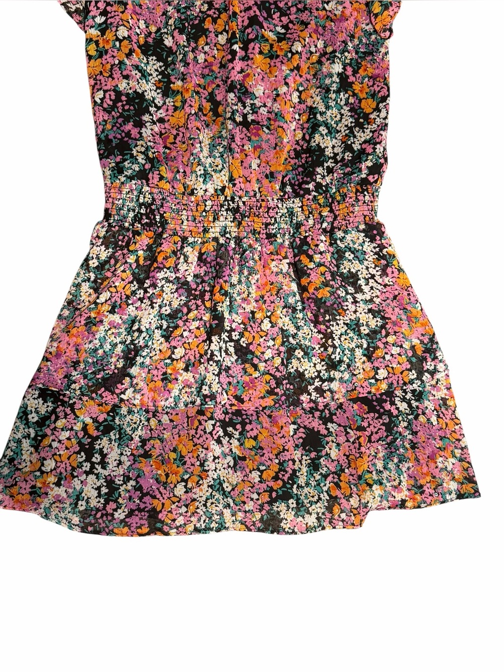 1.STATE Floral Smocked Mock Neck Ruffle Sleeve Mini Dress Black Pink Size Small - Picture 3 of 9